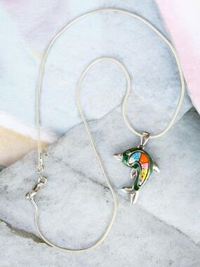 Vintage Alan K Millefiori Murano Glass Dolphin Sterling Pendant 925 Chain